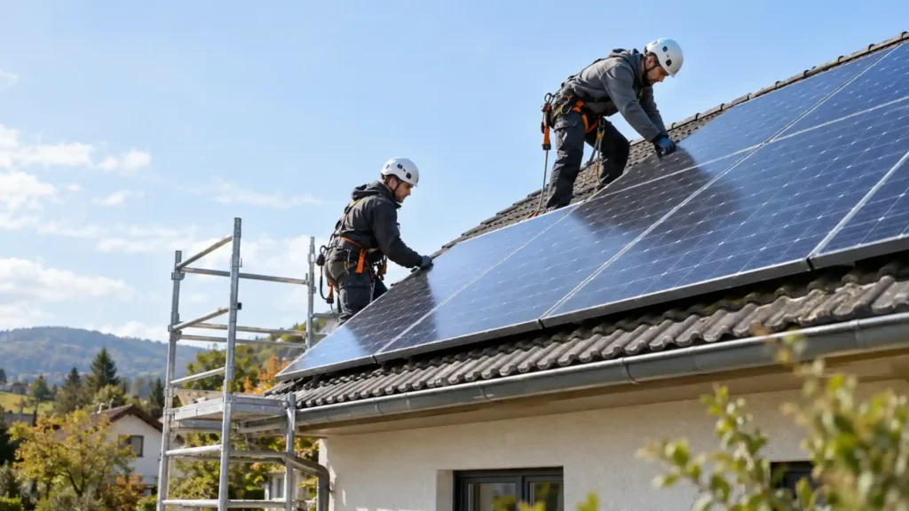 Deux installateurs posent des panneaux solaires photovoltaïques sur le toit d’une maison individuelle