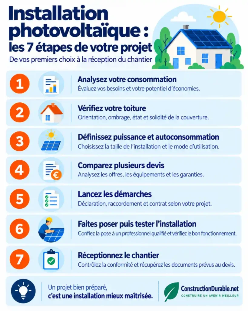 Installation photovoltaïque : les 7 étapes de votre projet Infographie présentant les 7 étapes d’un projet d’installation photovoltaïque, de l’analyse de la consommation à la réception du chantier