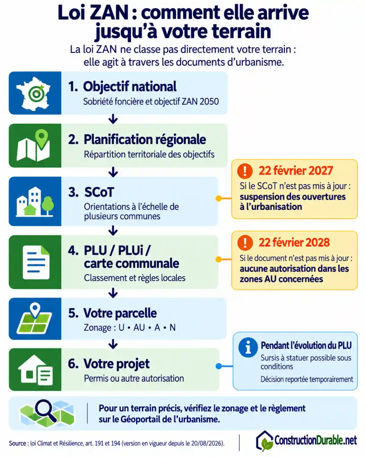Schéma montrant comment les objectifs nationaux du ZAN sont traduits par la planification régionale, le SCoT puis le PLU jusqu’à la parcelle et au permis de construire