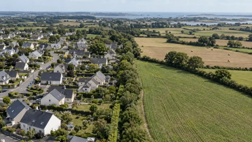 Vue aérienne d’un quartier résidentiel en bordure de terres agricoles illustrant les enjeux de la loi ZAN