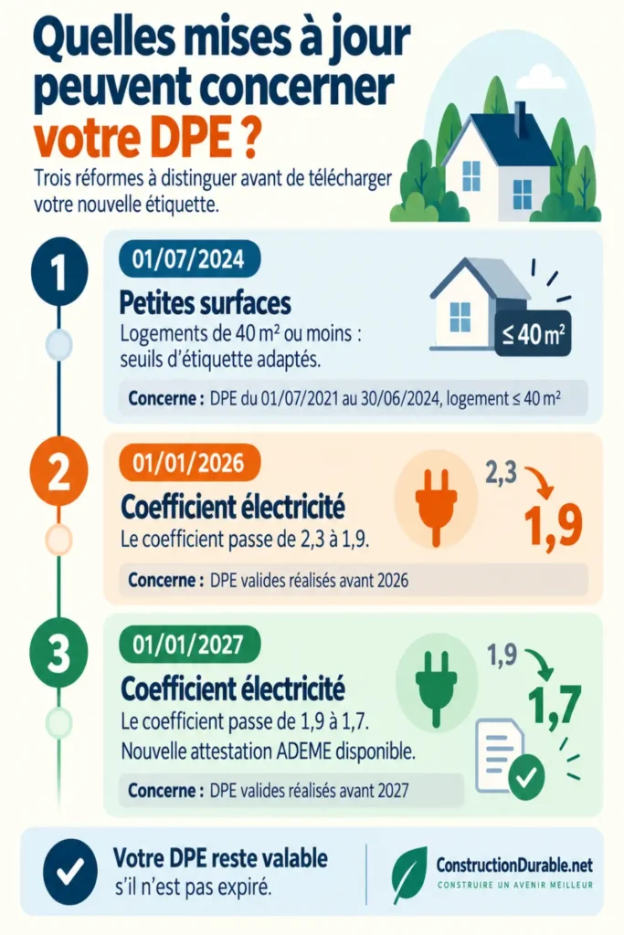 Frise des mises à jour du DPE en 2024, 2026 et 2027 : seuils adaptés pour les logements de 40 m² ou moins, coefficients électriques 1,9 puis 1,7 et attestation ADEME 2027.