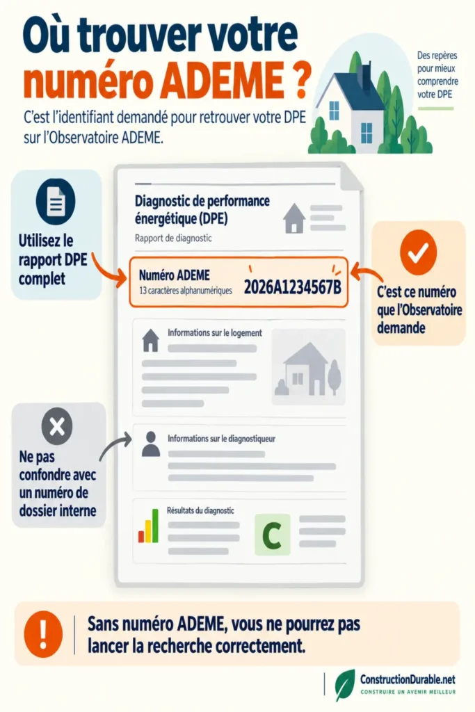 Infographie montrant où repérer le numéro ADEME sur un rapport DPE, avec un exemple visuel simplifié et les points de vigilance pour retrouver correctement votre diagnostic sur l’Observatoire ADEME.