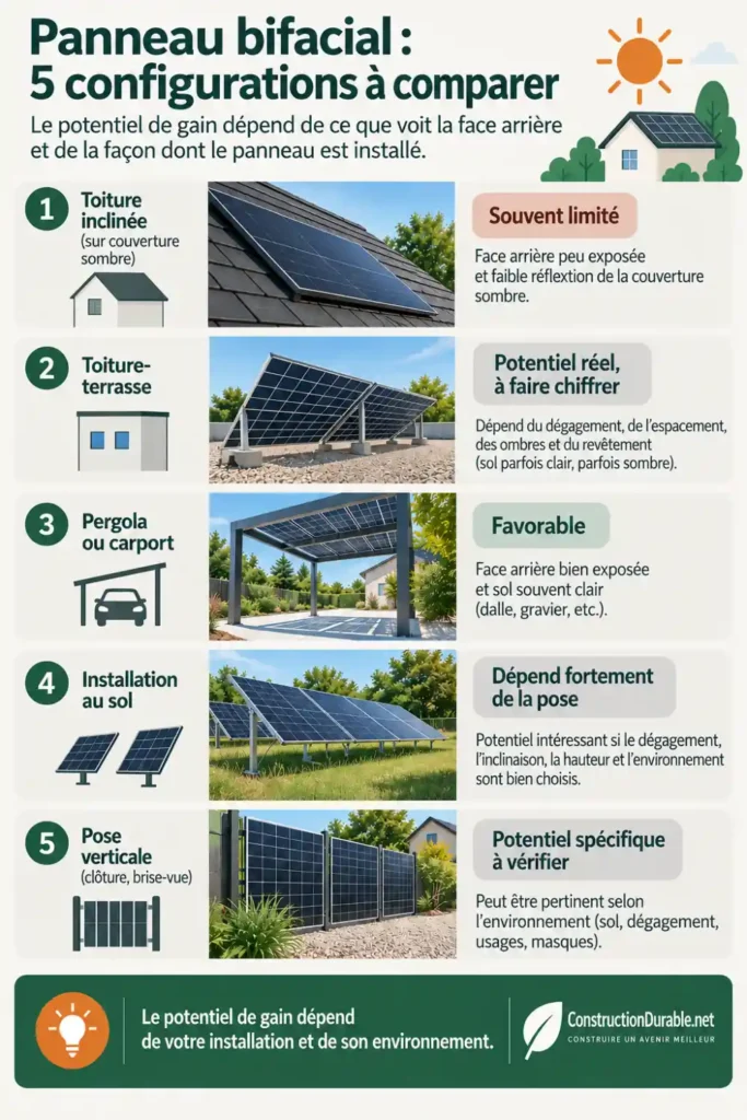 Panneau bifacial : 5 configurations à comparer Infographie comparant cinq configurations d’installation pour un panneau solaire bifacial avec leur potentiel de gain