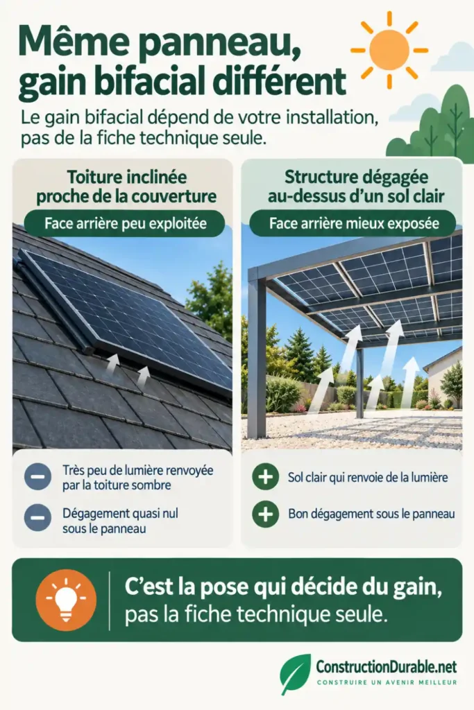 Même panneau solaire, gain bifacial différent selon la pose Comparaison d’un même panneau solaire bifacial sur toiture sombre et sur structure dégagée avec sol clair