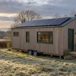 Tiny House en bois sur remorque équipée de quatre panneaux solaires sur son toit monopente, dans la campagne bretonne en hiver