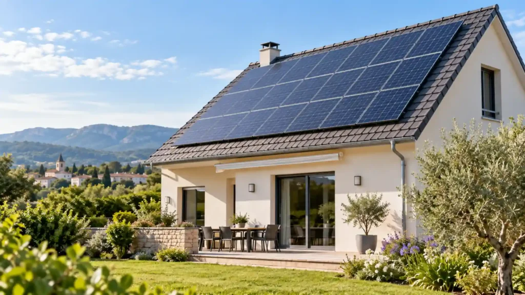 Maison individuelle équipée de panneaux solaires photovoltaïques sur une toiture inclinée