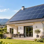 Maison individuelle équipée de panneaux solaires photovoltaïques sur une toiture inclinée