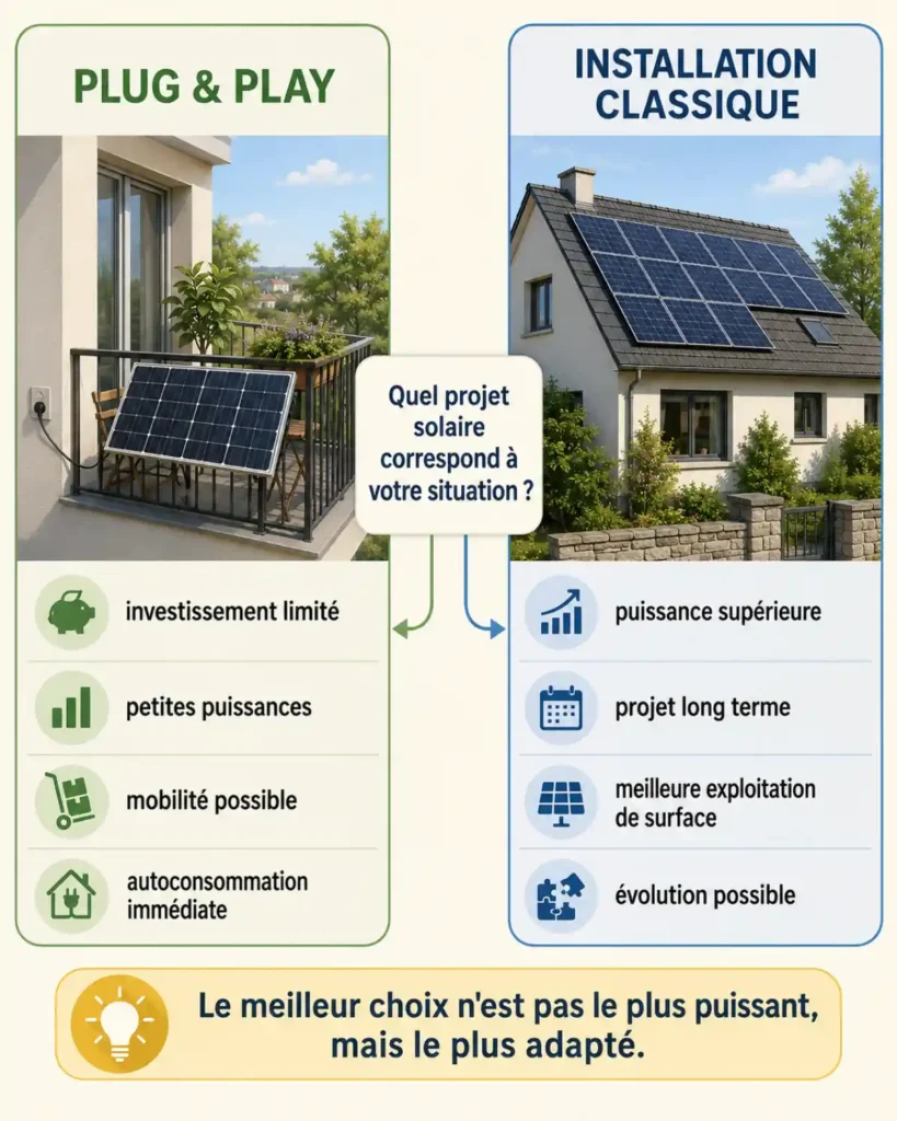 Comparatif visuel entre kit solaire Plug and Play et installation photovoltaïque classique