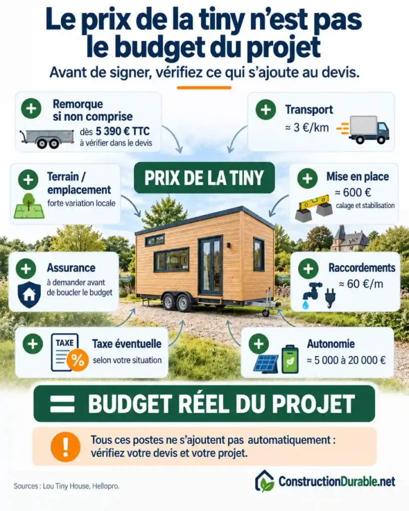 Infographie des coûts à prévoir en plus du prix d’une tiny house : remorque, transport, raccordements, autonomie, terrain, assurance et taxe éventuelle
