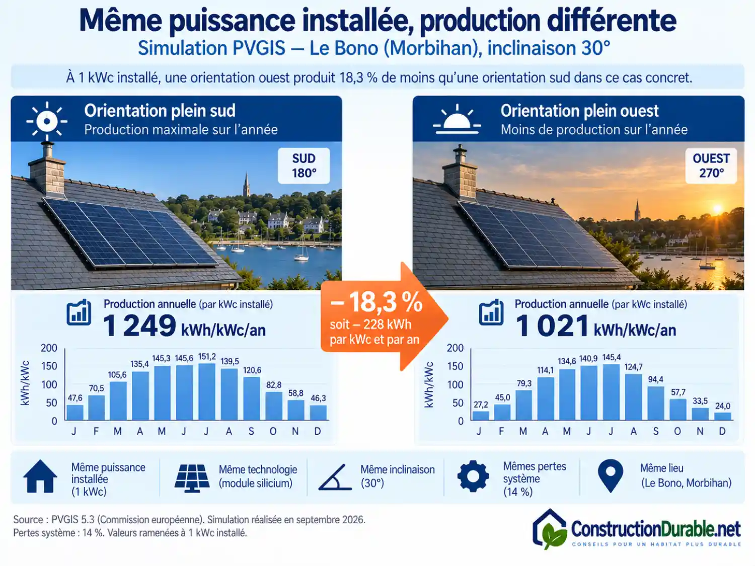 Panneaux solaires : production plein sud ou plein ouest Simulation PVGIS au Bono comparant 1 249 kWh/kWc/an plein sud à 1 021 kWh/kWc/an plein ouest, soit 18,3 % d’écart