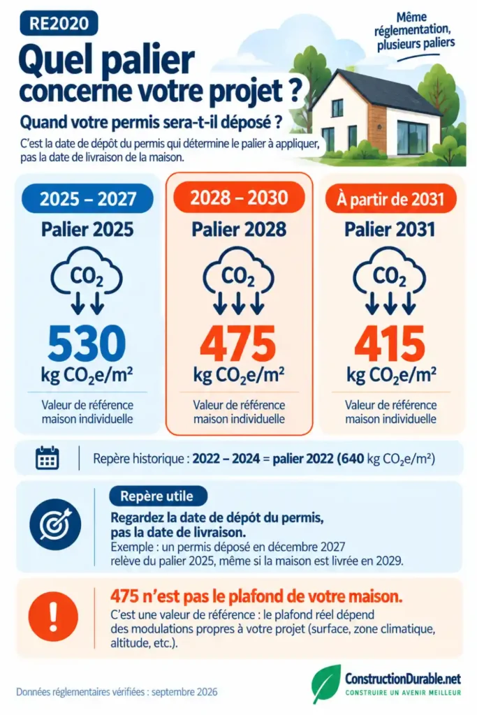 Quel palier RE2020 s’applique selon la date du permis ? Infographie indiquant le palier RE2020 et la valeur de référence Ic construction selon la date de dépôt du permis.