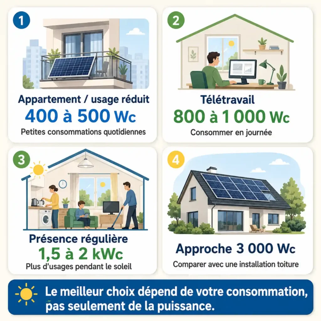 Guide visuel pour choisir la puissance d'un kit solaire Plug and Play selon son usage