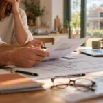 Couple relisant les plans de sa future maison, en construction à l'arrière-plan