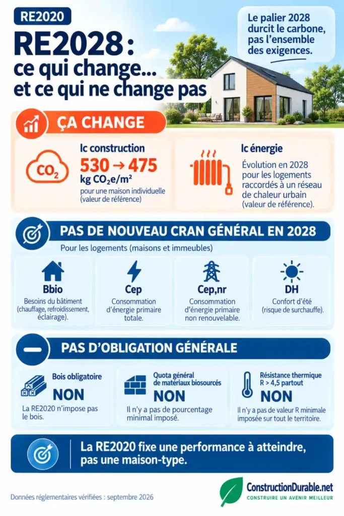 RE2028 : ce qui change et ce qui ne change pas pour les logements Infographie RE 2028 montrant les exigences carbone renforcées, les indicateurs sans nouveau cran général et les obligations qui ne sont pas imposées