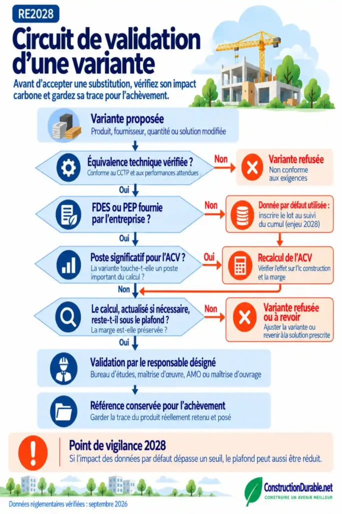 RE 2028 : circuit de validation d’une variante en ACV Logigramme de validation d’une variante en RE 2028, de l’équivalence technique au recalcul de l’ACV, au contrôle de la marge et à la traçabilité du produit posé.