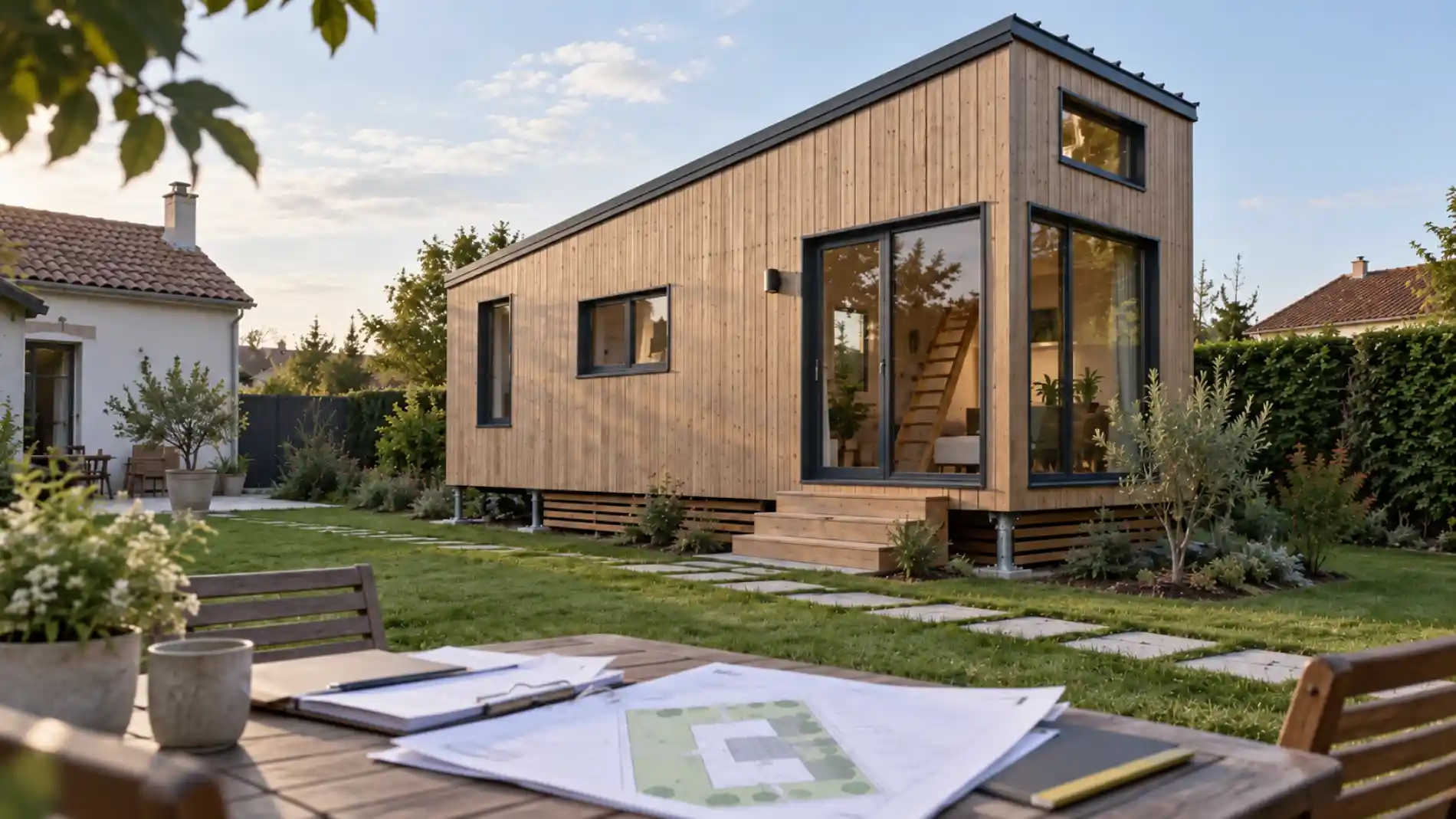 Tiny House en bois posée sur plots dans le jardin d'une maison individuelle, avec un plan de parcelle au premier plan