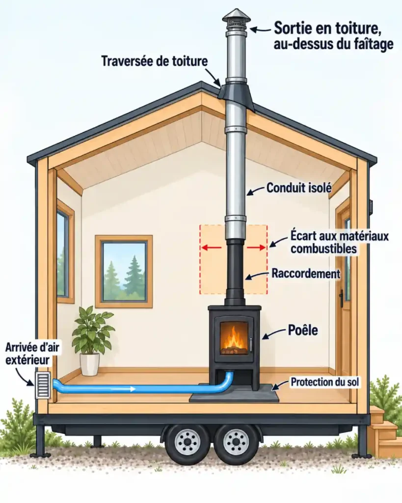 Schéma d'nstallation d’un poêle à bois dans une tiny house Schéma d’installation d’un poêle dans une tiny house avec arrivée d’air, conduit isolé et sortie de toiture