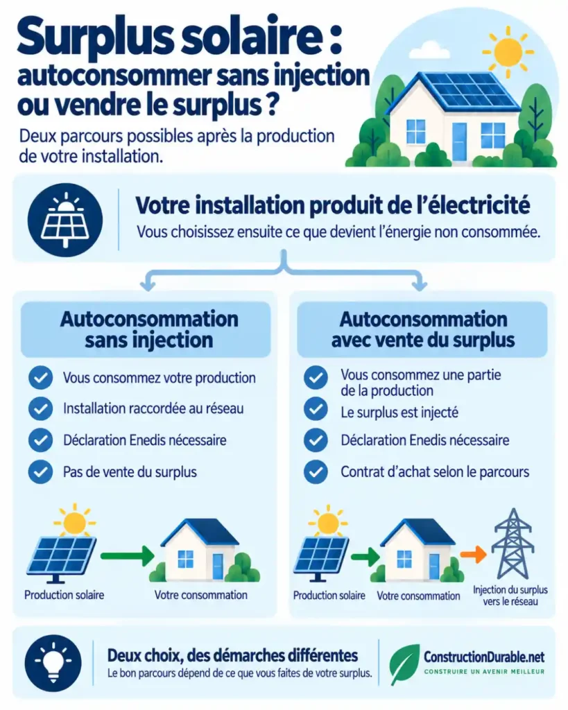 Surplus solaire : autoconsommation sans injection ou vente du surplus Infographie comparant l’autoconsommation solaire sans injection et l’autoconsommation avec vente du surplus