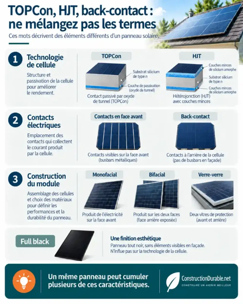 Différence entre TOPCon, HJT, back-contact, bifacial, verre-verre et full black