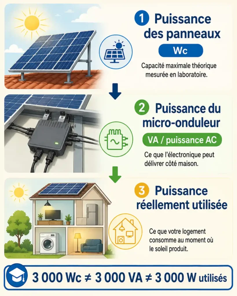 Infographie expliquant la différence entre puissance Wc panneau solaire, VA micro-onduleur et consommation réelle