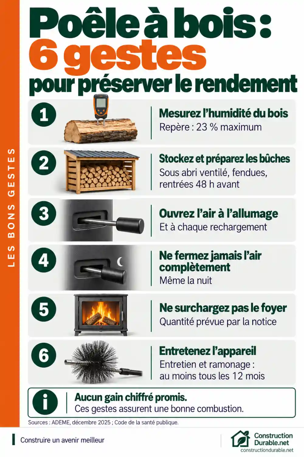 6 gestes pour préserver le rendement d'un poêle à bois Infographie des six gestes pour préserver le rendement d'un poêle à bois : mesurer l'humidité du bois, stocker les bûches sous abri, ouvrir l'air à l'allumage, ne jamais le fermer complètement, ne pas surcharger le foyer, entretenir l'appareil