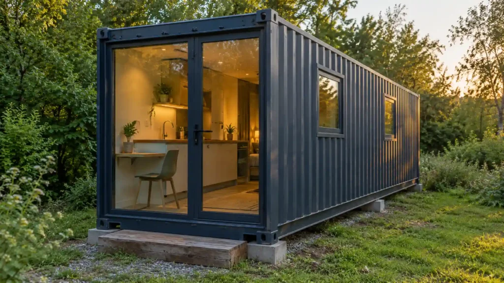 Container de 40 pieds aménagé en studio, vu du jardin : paroi en tôle ondulée et pignon entièrement vitré.