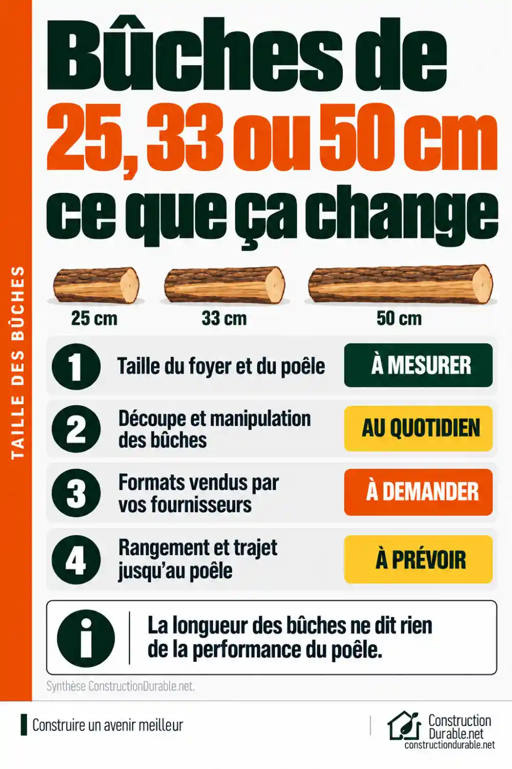 Bûches de 25, 33 ou 50 cm : ce que ça change Ce que change la longueur des bûches de 25, 33 ou 50 cm : taille du foyer, manipulation, formats vendus, rangement