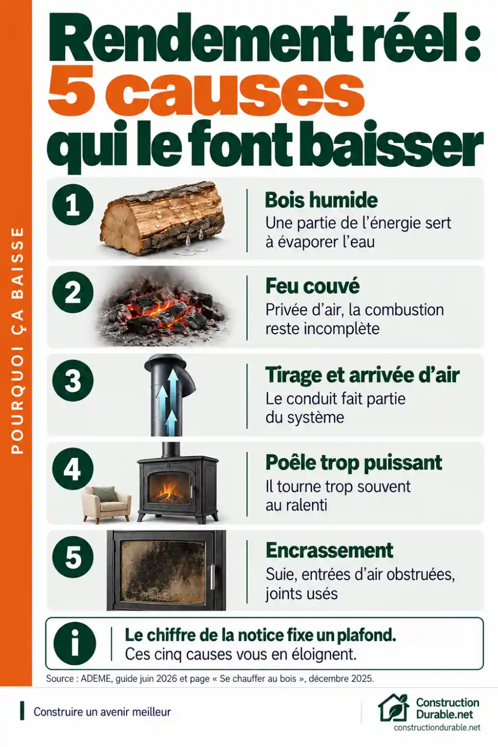 Rendement réel d'un poêle à bois : 5 causes de baisse Infographie des cinq causes qui font baisser le rendement réel d'un poêle à bois : bois humide, feu couvé, tirage et arrivée d'air, poêle trop puissant, encrassement