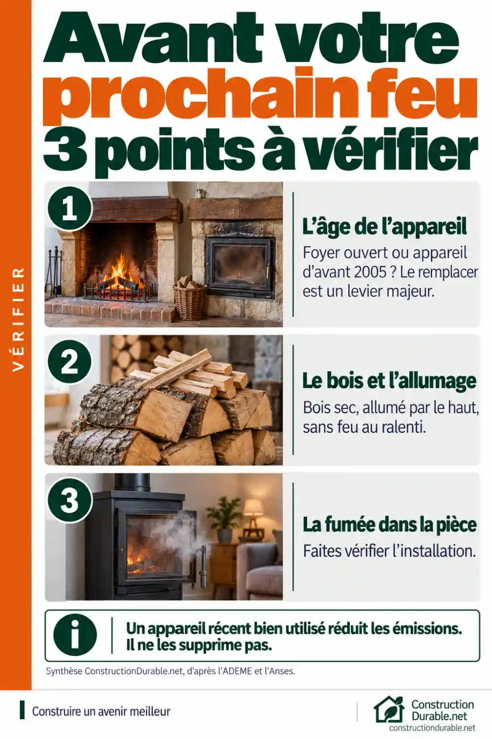 Chauffage au bois : trois points à vérifier avant votre prochain feu Trois points à vérifier avant d'allumer un feu de bois : l'âge de l'appareil, le bois et l'allumage, la présence de fumée dans la pièce.