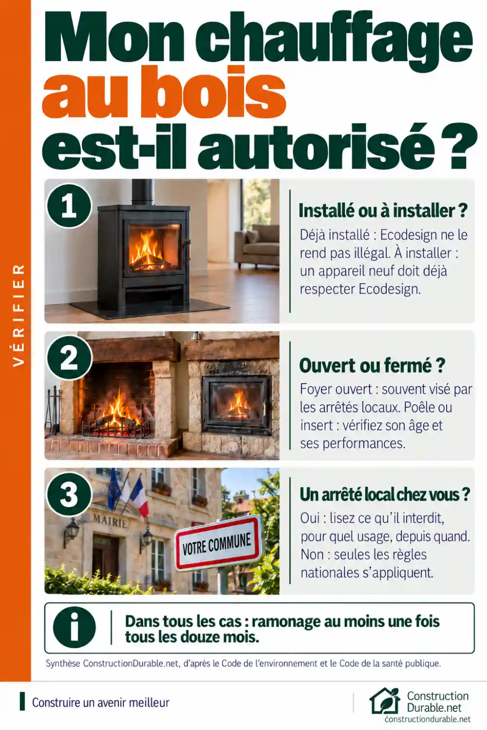 Chauffage au bois autorisé ou interdit : les 3 questions à se poser Arbre de décision en trois questions : appareil installé ou à installer, foyer ouvert ou fermé, arrêté local ou non