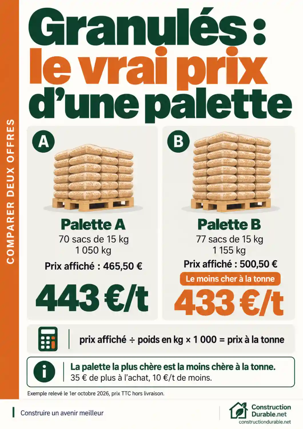 Comparaison de deux palettes de granulés : la palette B, plus chère à l'achat, revient à 433 €/t contre 443 €/t pour la palette A.