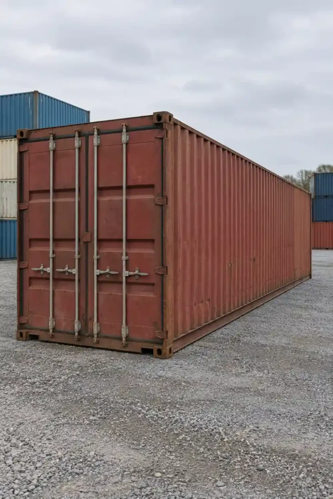 Container maritime de 40 pieds d'occasion posé dans un dépôt, avant toute transformation