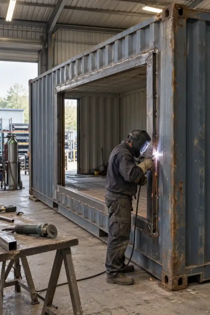 Soudeur en atelier fixant un cadre en tube acier autour d’une large ouverture découpée dans la paroi d’un container maritime, avec des goussets dans les angles et une meuleuse posée sur un tréteau.