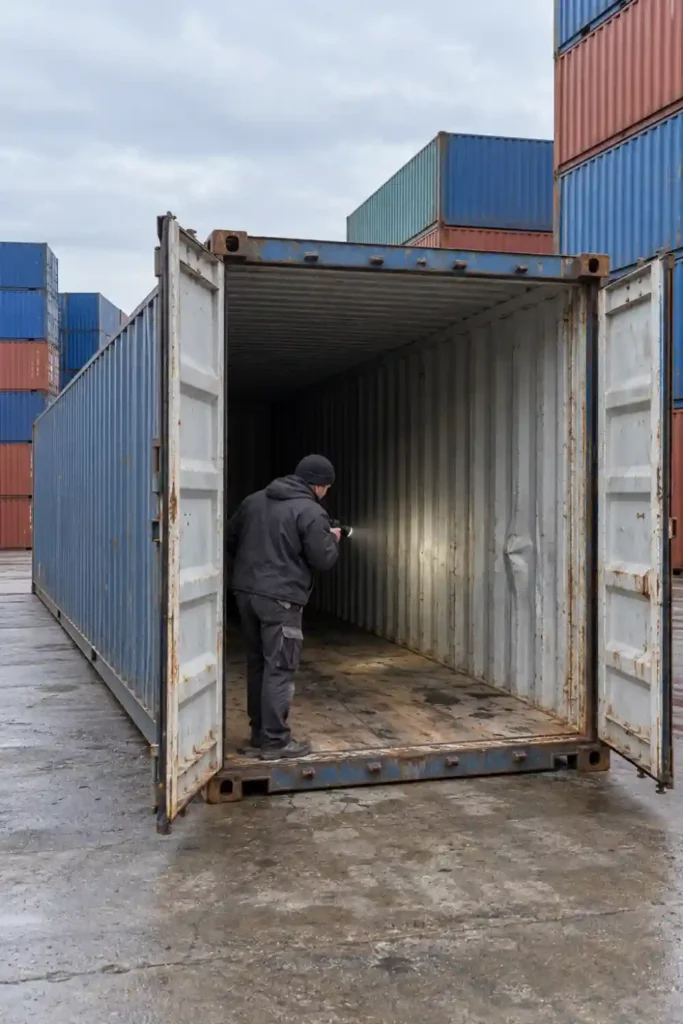 Homme inspectant à la lampe torche l’intérieur d’un container de 40 pieds d’occasion dans un dépôt : plancher en contreplaqué taché, bosse sur une paroi et traces de rouille sur les portes.