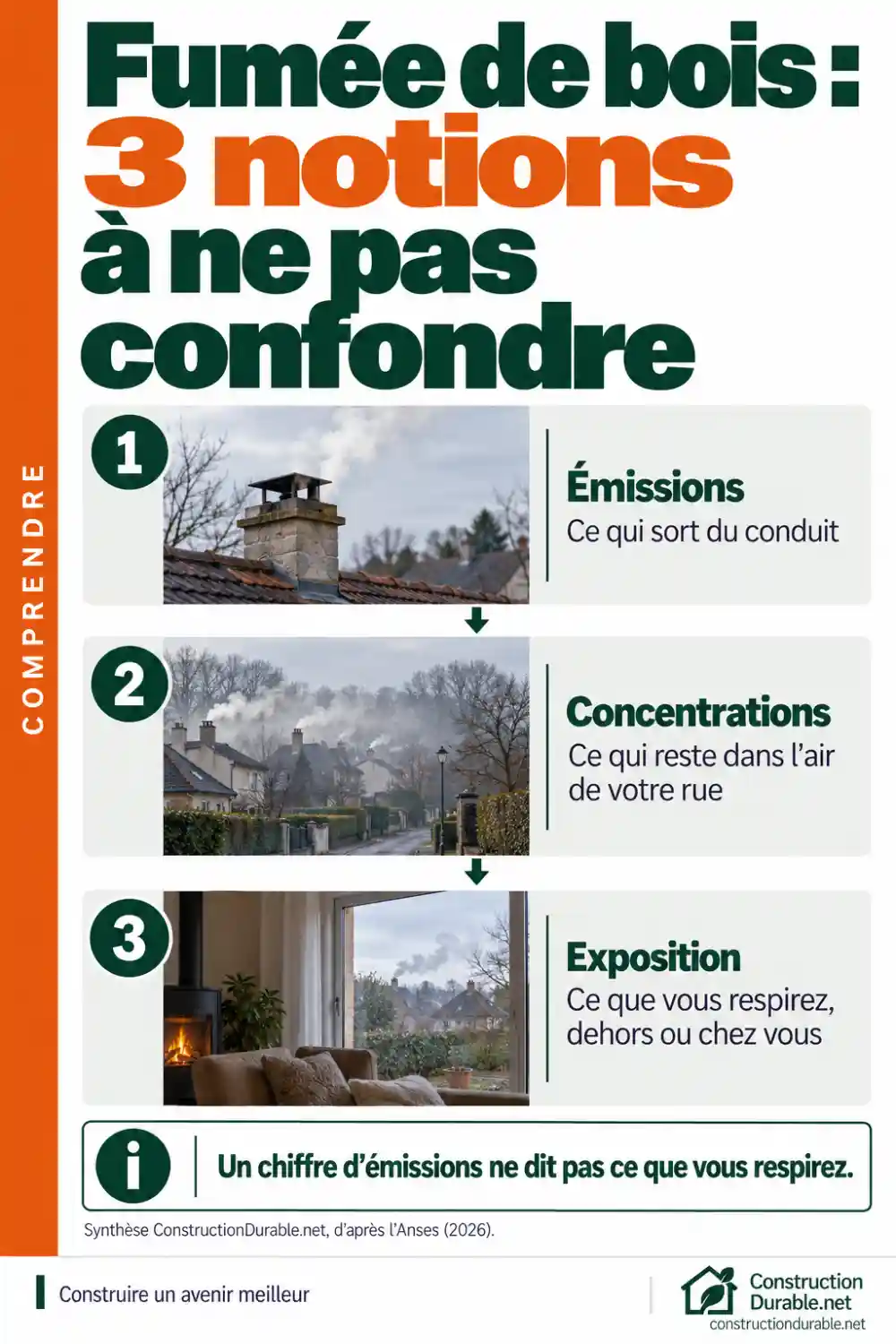 Fumée de bois : émissions, concentrations et exposition, trois notions à ne pas confondre Schéma : émissions, concentrations et exposition liées au chauffage au bois