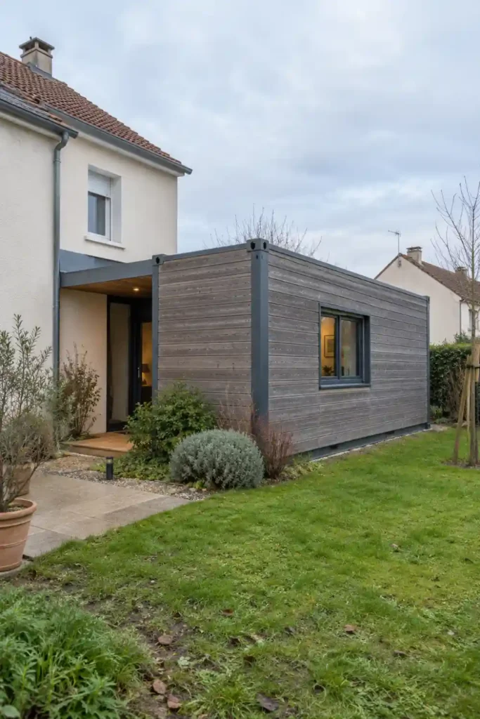 Container de 20 pieds habillé de bardage bois gris, relié par une entrée couverte vitrée à une maison des années 1970 à l’enduit crème et au toit de tuiles, dans un jardin de lotissement.