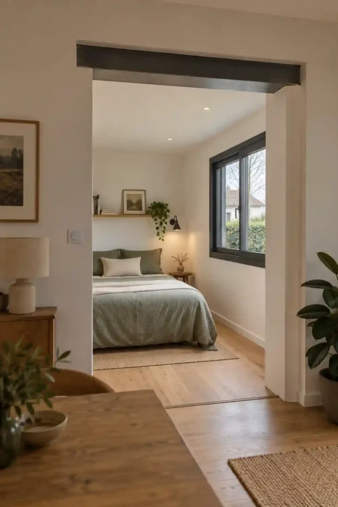 Ouverture percée dans le mur d’une maison existante, renforcée par un linteau en acier, donnant de plain-pied sur une chambre aménagée dans un container de 20 pieds, avec un lit double et une fenêtre sur le jardin.