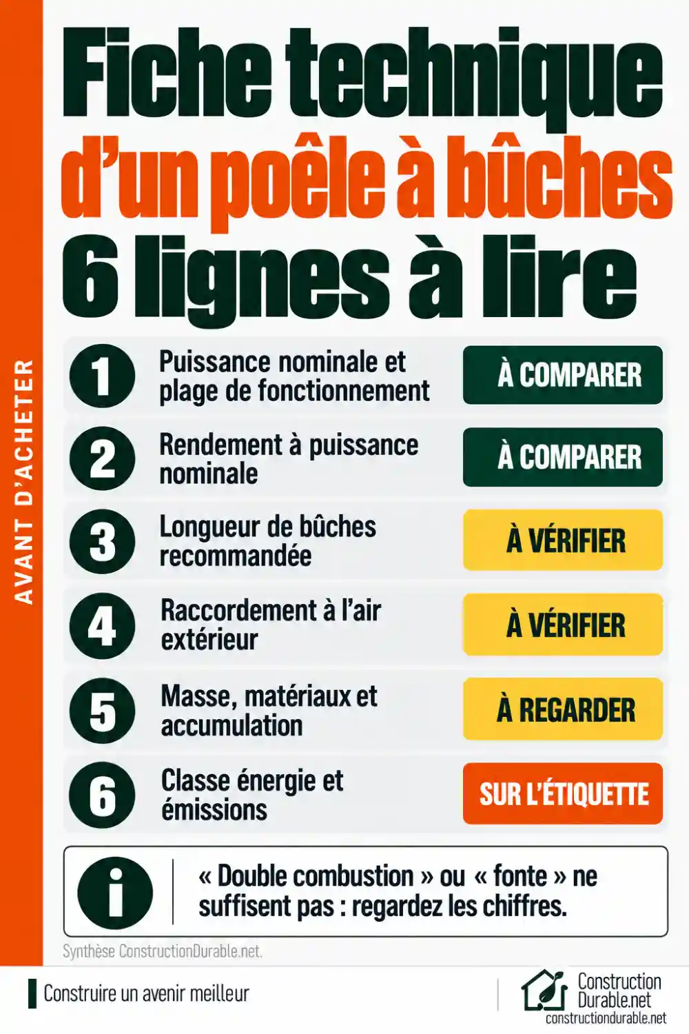 Fiche technique d'un poêle à bûches : 6 lignes à lire Les six lignes à lire sur la fiche technique d'un poêle à bûches : puissance, rendement, longueur de bûches, raccordement à l'air extérieur, masse et matériaux, classe énergie et émissions