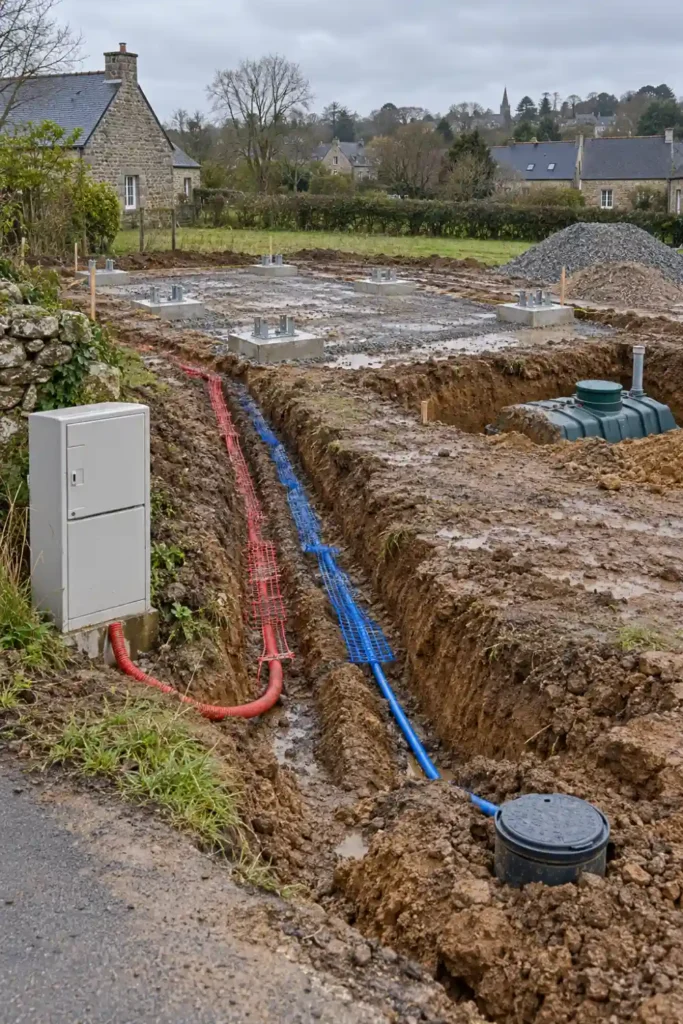 Coffret électrique, regard de compteur d’eau, tranchée de raccordement, assainissement individuel et plots béton avant la pose d’une maison container, en Bretagne
