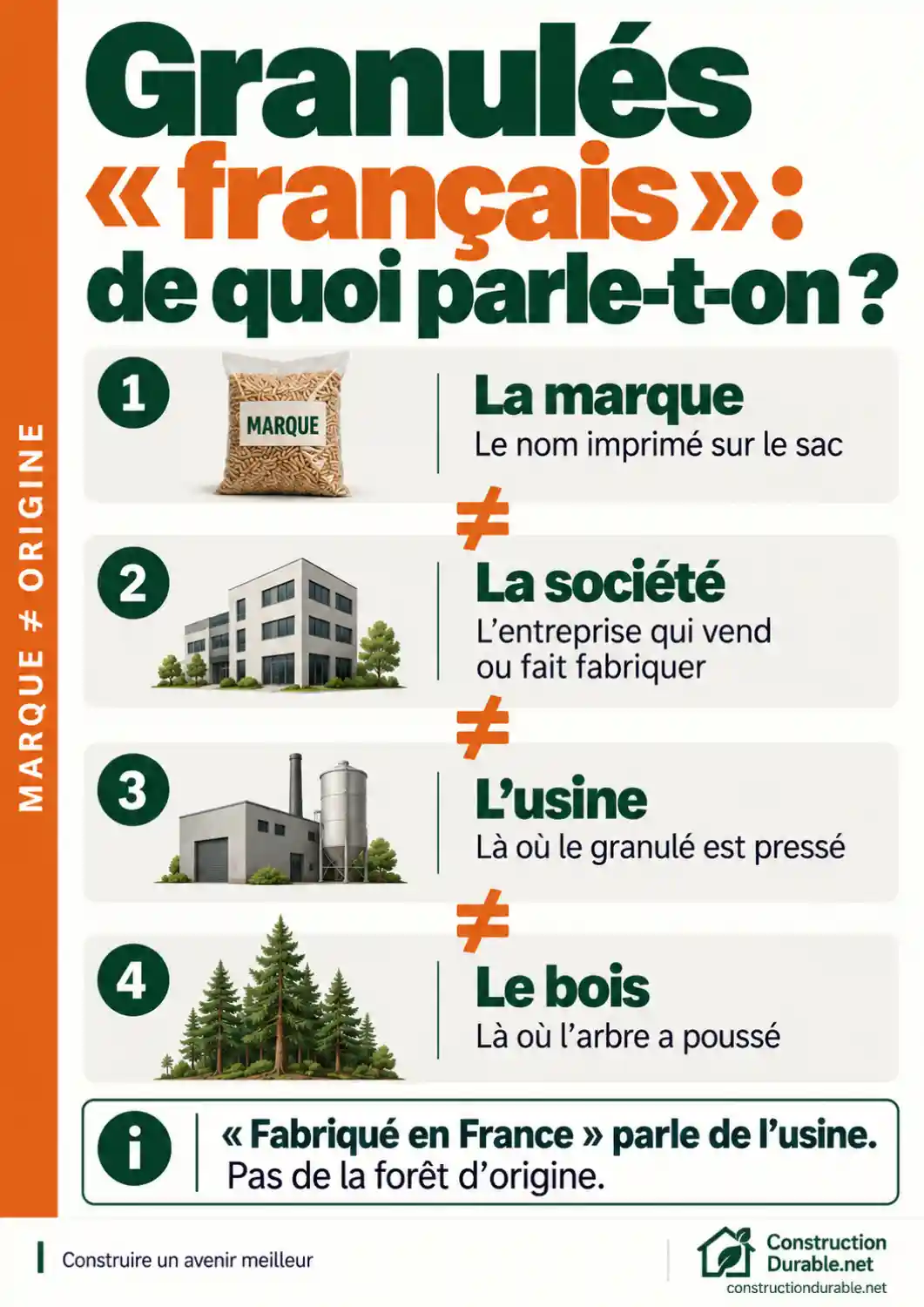Granulés français : marque, société, usine et bois Infographie : marque, société, usine et bois, quatre niveaux à distinguer derrière l'expression granulés français