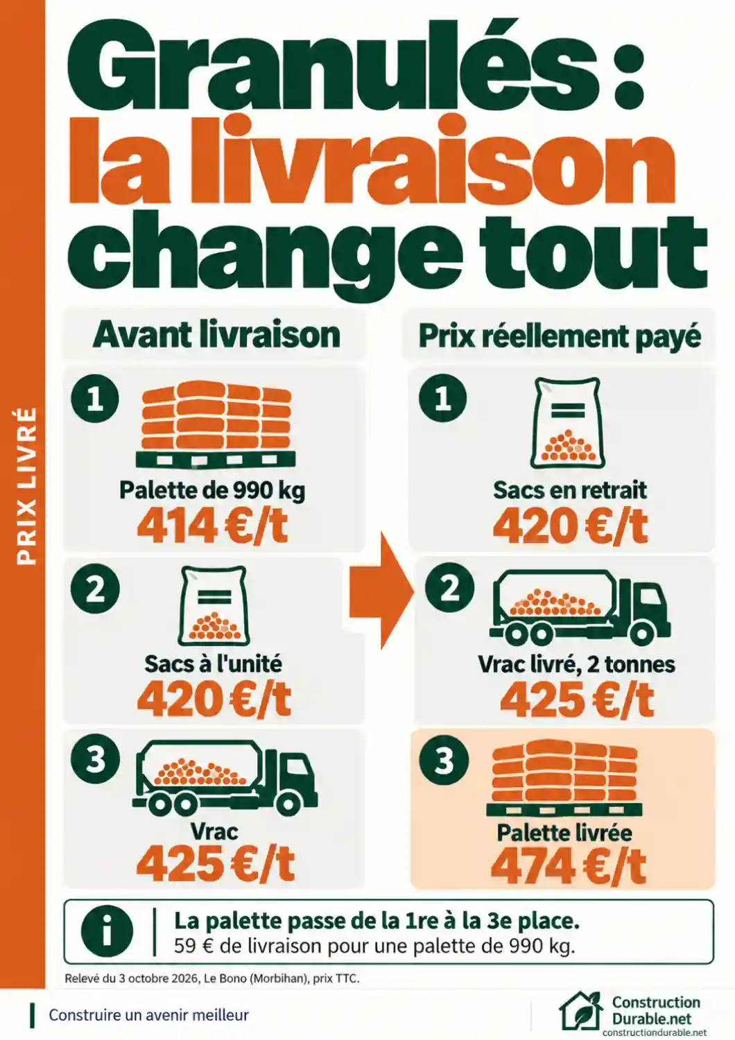 Classement des prix des granulés au Bono avant et après livraison : la palette passe de 414 €/t à 474 €/t livrée, derrière les sacs en retrait et le vrac.