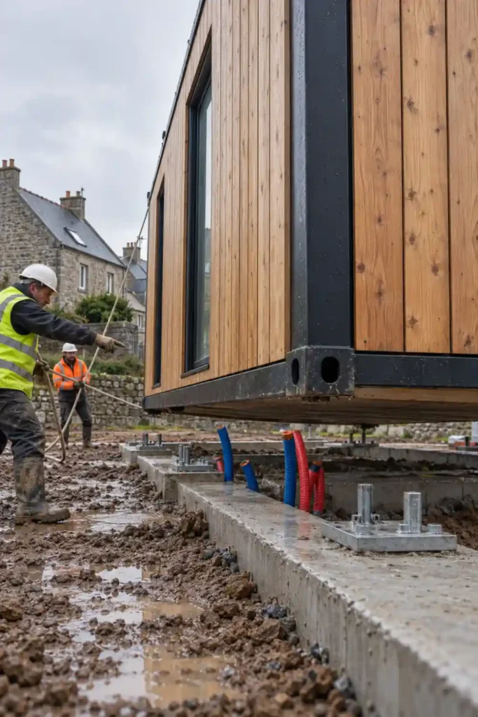 Pose d’un module de maison container sur des longrines béton à platines, gaines eau et électricité en attente, sur un chantier breton