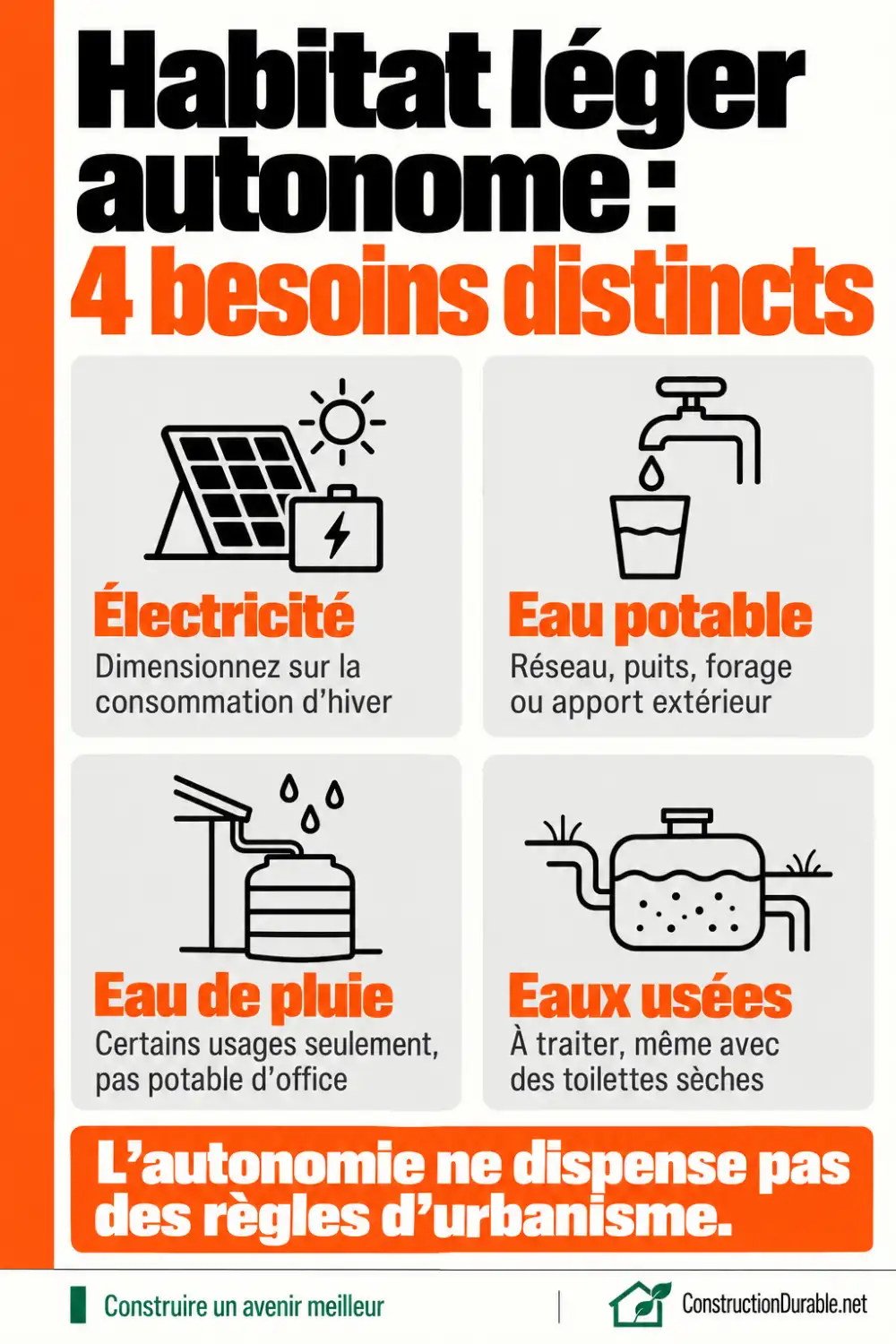 Habitat léger autonome : 4 besoins distincts Infographie : les quatre besoins d’un habitat léger autonome, électricité, eau potable, eau de pluie et eaux usées