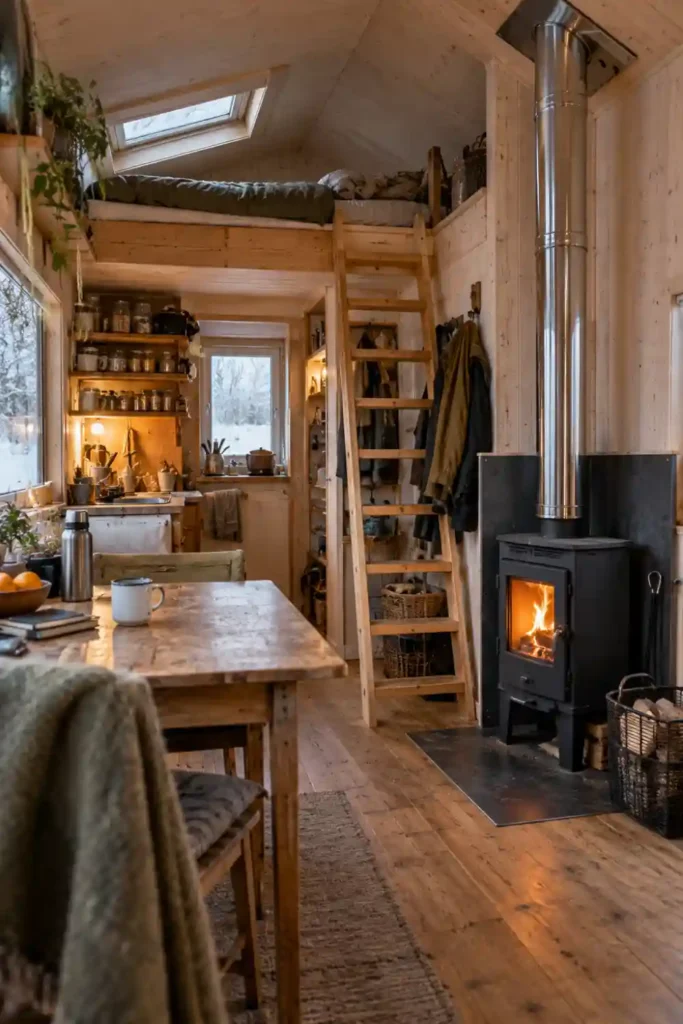 Intérieur compact d’un habitat léger en hiver, avec poêle à bois, coin repas, rangements et mezzanine