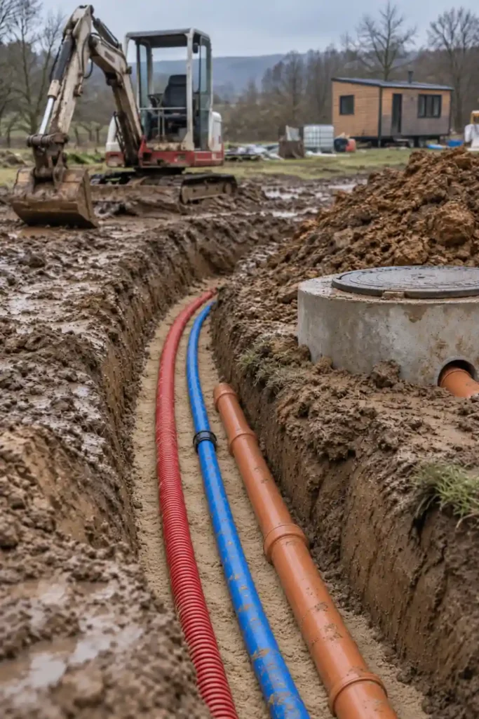 Tranchée de raccordement en cours sur un terrain d’habitat léger : gaine électrique rouge, tuyau d’eau bleu et canalisation d’évacuation en PVC posés sur lit de sable, à côté d’un regard en béton