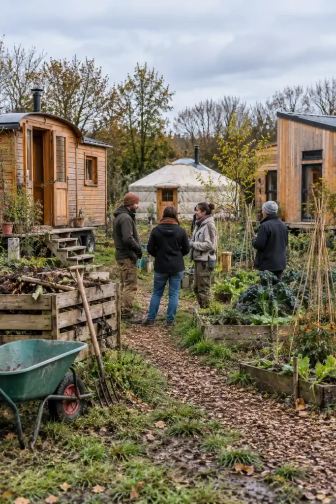 Habitants d’un hameau léger réunis autour du jardin partagé, entre une roulotte, une yourte et une petite maison en bois