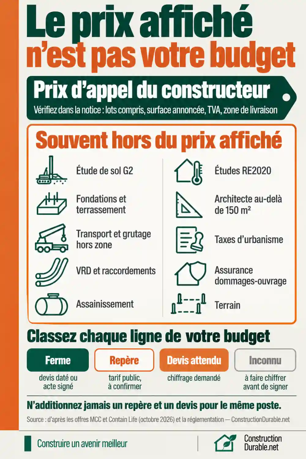 Infographie : dix postes souvent hors du prix affiché d’une maison container, et quatre statuts pour classer son budget