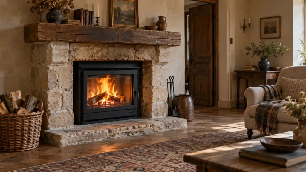 Insert à bois à porte vitrée encastré dans une cheminée ancienne en pierre