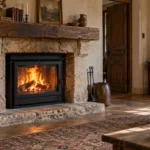 Insert à bois à porte vitrée encastré dans une cheminée ancienne en pierre