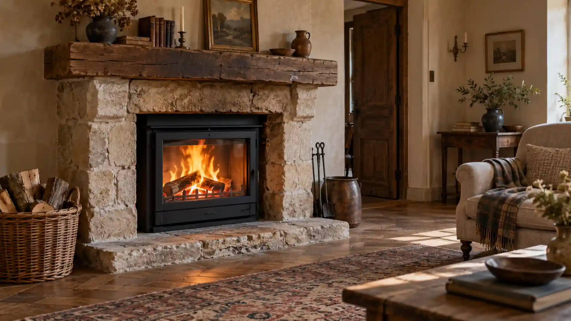 Insert à bois à porte vitrée encastré dans une cheminée ancienne en pierre